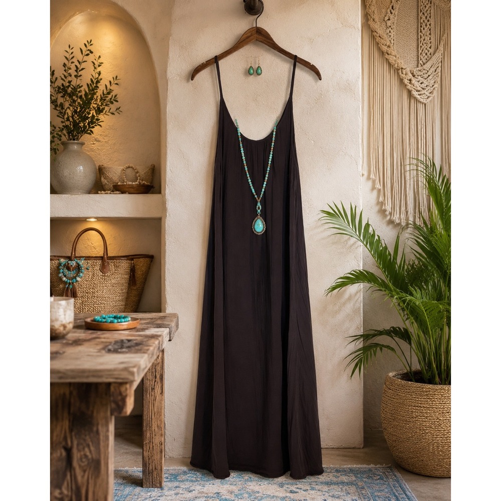 Natural Life Charcoal Grey Gauze Maxi Dress Boho Spaghetti Strap Raw Hem L/XL - Picture 2 of 12